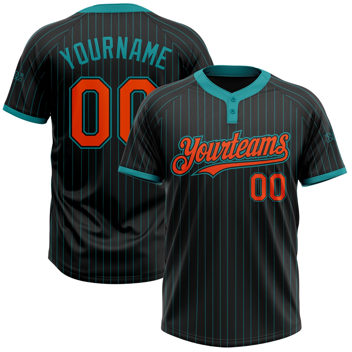 Custom Name Number Unisex Softball Jersey - Personalized Black Teal Pinstripe Two-Button Design Personalized Black Teal Pinstripe