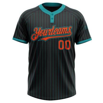 Custom Name Number Unisex Softball Jersey - Personalized Black Teal Pinstripe Two-Button Design Personalized Black Teal Pinstripe