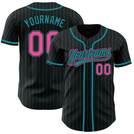 Personalized Teal Black Pinstripe Pink Baseball Jersey for Men and Women Personalized Black Teal Pinstripe Pink Baseball