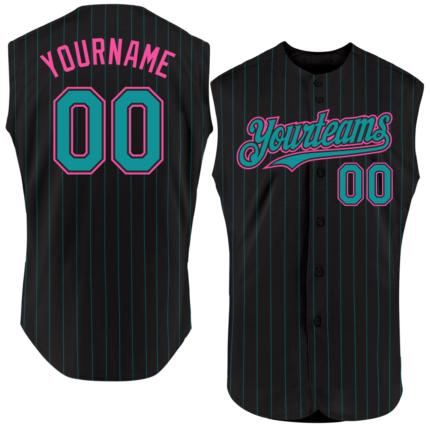 Personalized Black Teal Pinstripe Baseball Jersey for Women - Sleeveless Pink Design Personalized Black Teal Pinstripe Pink