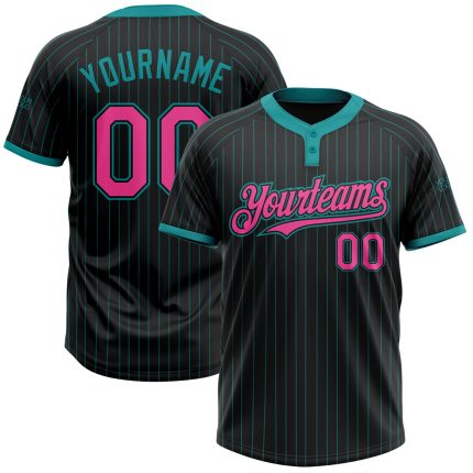 Personalized Unisex Softball Jersey - Black Teal Pinstripe Pink Two-Button Design Personalized Black Teal Pinstripe Pink