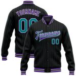 Personalized Teal Black Pinstripe Purple Varsity Letterman Bomber Jacket Full-Snap Personalized Black Teal Pinstripe Purple