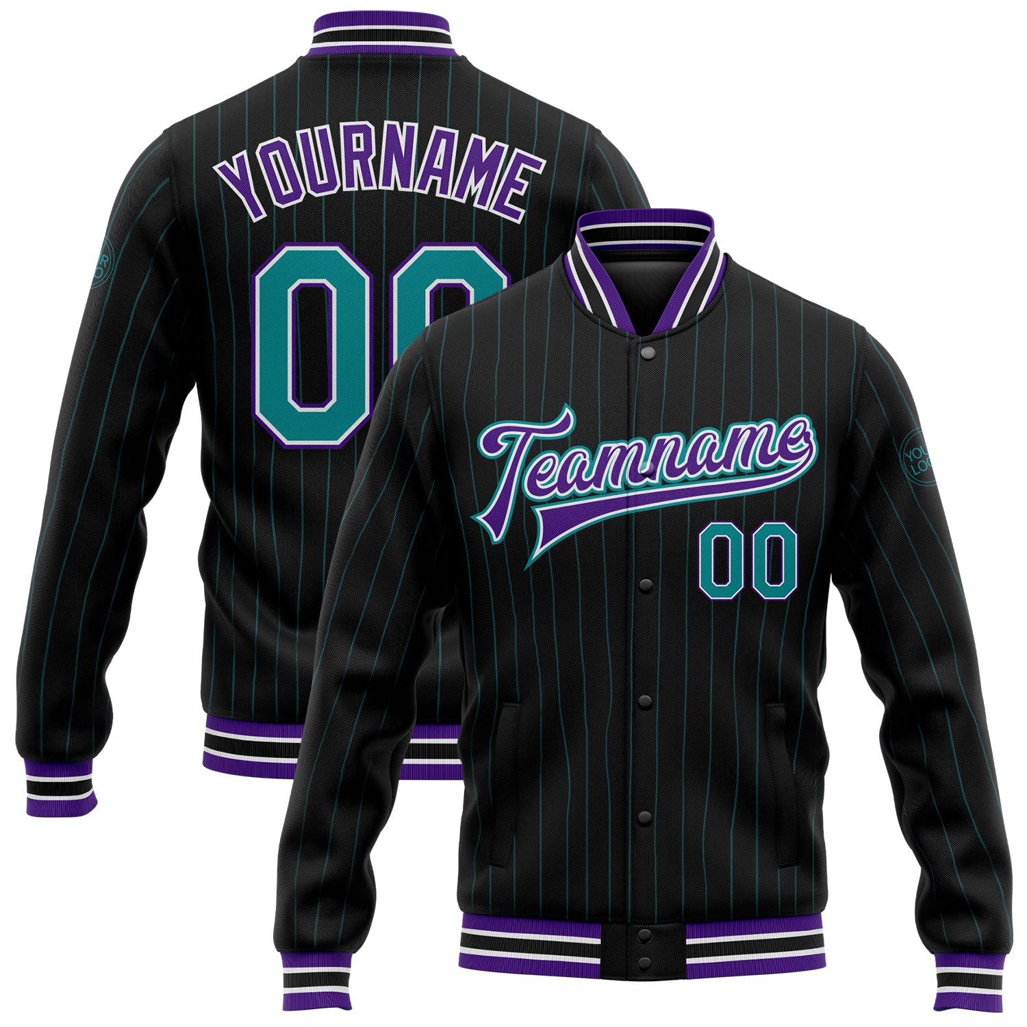 Custom Name and Number Black Teal Pinstripe Purple Bomber Varsity Jacket Full-Snap Letterman Personalized Black Teal Pinstripe