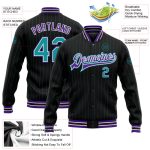 Personalized Teal Black Pinstripe Purple Varsity Letterman Bomber Jacket Full-Snap Personalized Black Teal Pinstripe Purple