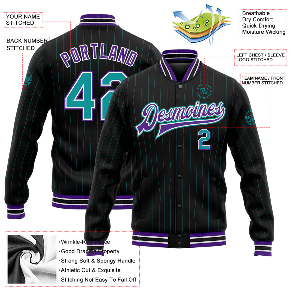 Personalized Black Teal Pinstripe Purple Bomber Full-Snap Varsity Letterman Jacket Personalized Teal Black Pinstripe Purple Varsity Letterman Bomber Jacket Full-Snap Personalized Black Teal Pinstripe Purple - Image 5