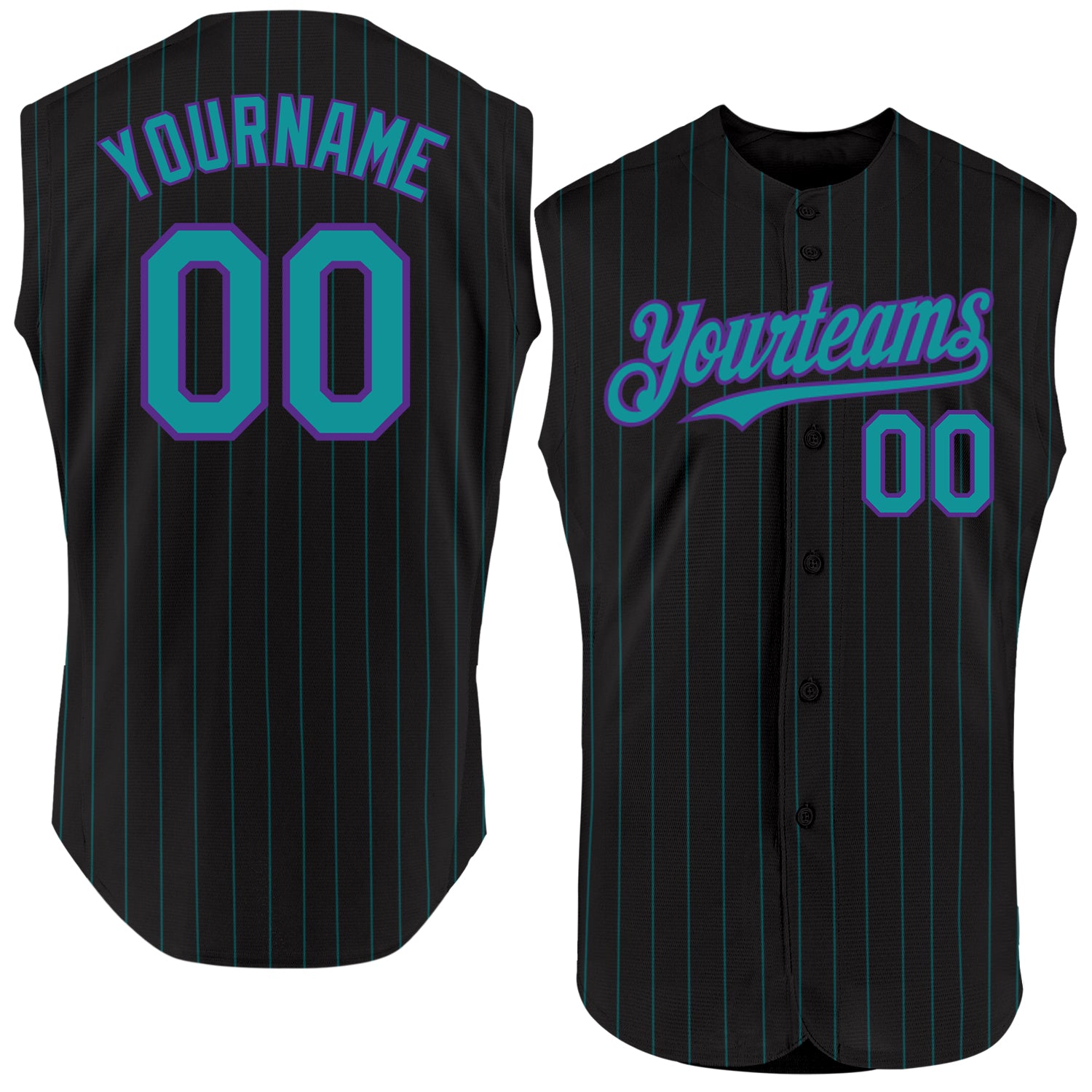 Personalized Black Teal Pinstripe Sleeveless Baseball Jersey - Custom Purple Design Personalized Black Teal Pinstripe Purple