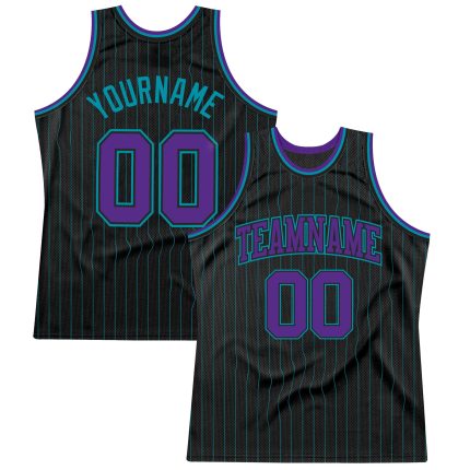 Personalized Black Teal Pinstripe Basketball Jersey - Custom Purple-Teal Design Personalized Black Teal Pinstripe Purple-Teal