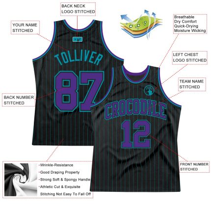 Personalized Black Teal Pinstripe Basketball Jersey - Custom Purple-Teal Design Personalized Black Teal Pinstripe Purple-Teal