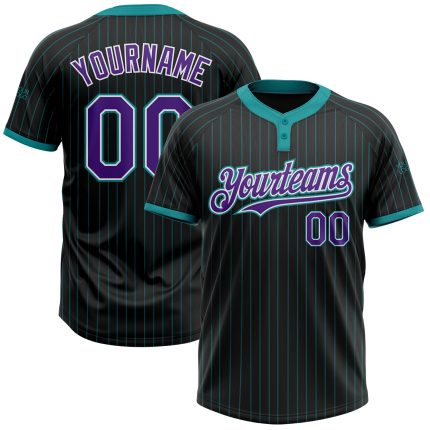 Personalized Softball Jersey Unisex Two-Button Purple White Black Teal Pinstripe Personalized Black Teal Pinstripe Purple-White