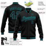 Personalized Teal Black Pinstripe Full-Snap Varsity Letterman Bomber Jacket Personalized Black Teal Pinstripe Teal Bomber