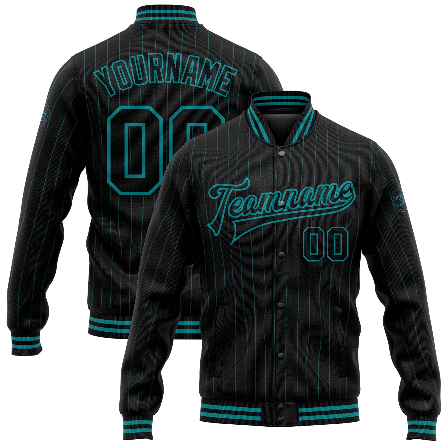 Custom Name Number Black Teal Pinstripe Bomber Varsity Letterman Jacket - Personalized Full-Snap Team Jacket Personalized