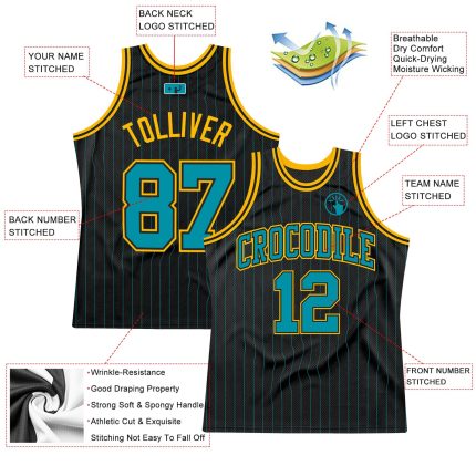 Custom Basketball Jersey with Personalized Name and Number - Black Teal Pinstripe Teal-Gold Authentic Team Apparel Personalized