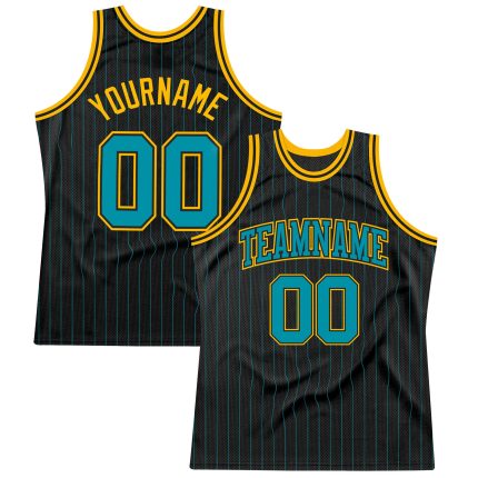 Personalized Basketball Jersey Black Teal Pinstripe Teal Gold Custom Design Personalized Black Teal Pinstripe Teal-Gold Basketball