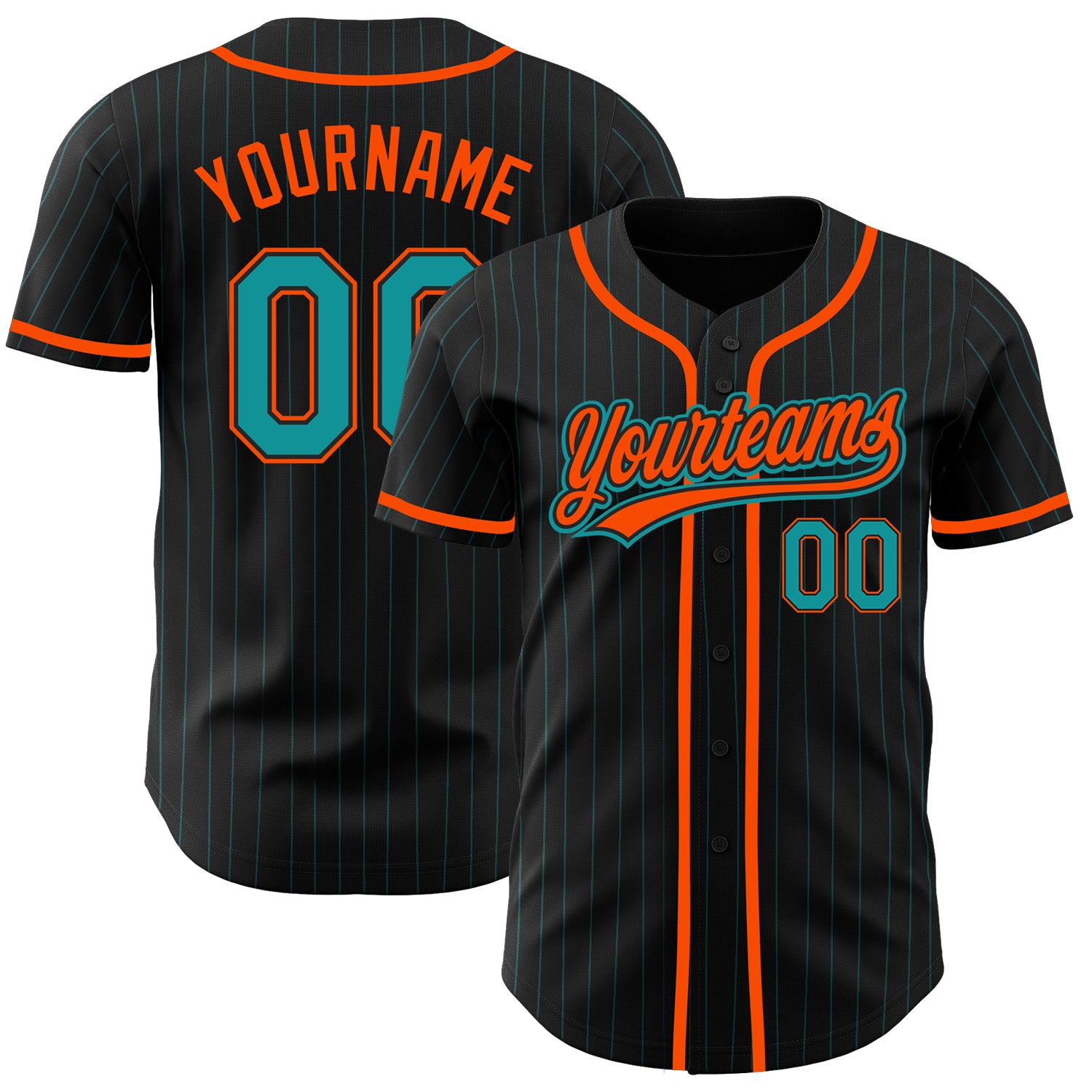 Custom Teal Orange Personalized Baseball Jersey with Black Teal Pinstripes - Team Name & Number Personalized Black Teal Pinstripe