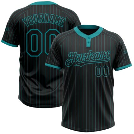 Personalized Unisex Softball Jersey Black Teal Pinstripe Two-Button Classic Design Personalized Black Teal Pinstripe Teal