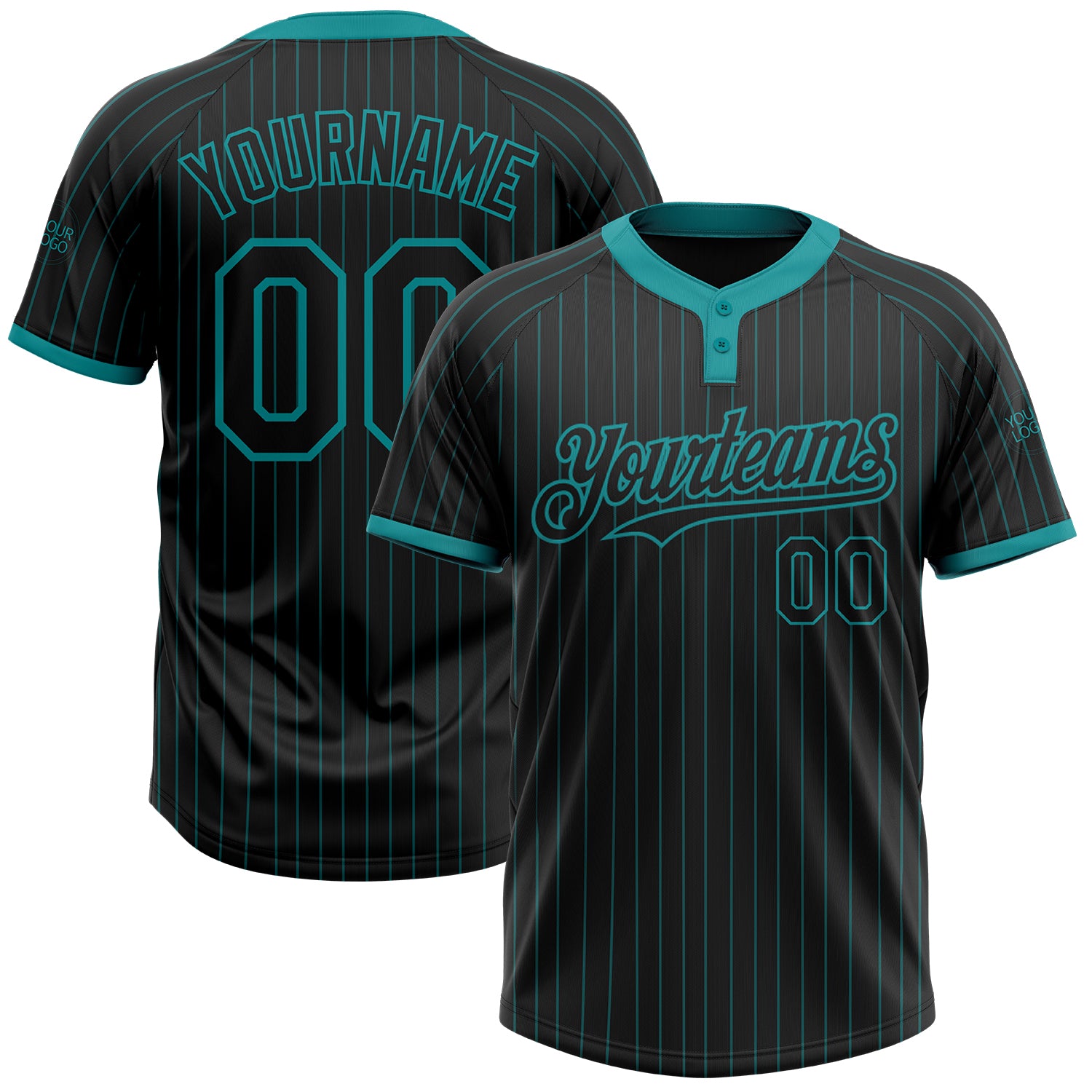 Custom Name and Number Two-Button Unisex Softball Jersey - Personalized Black Teal Pinstripe Design Personalized Black Teal