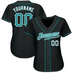 Custom Authentic Baseball Jersey with Personalized Team Name and Number - Black Teal Pinstripe Design Personalized Black