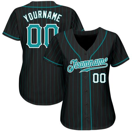 Custom Authentic Baseball Jersey with Personalized Team Name and Number - Black Teal Pinstripe Design Personalized Black
