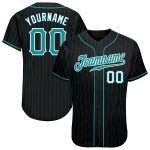 Custom Authentic Baseball Jersey with Personalized Team Name and Number - Black Teal Pinstripe Design Personalized Black