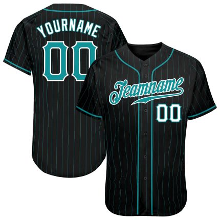 Custom Authentic Baseball Jersey with Personalized Team Name and Number - Black Teal Pinstripe Design Personalized Black
