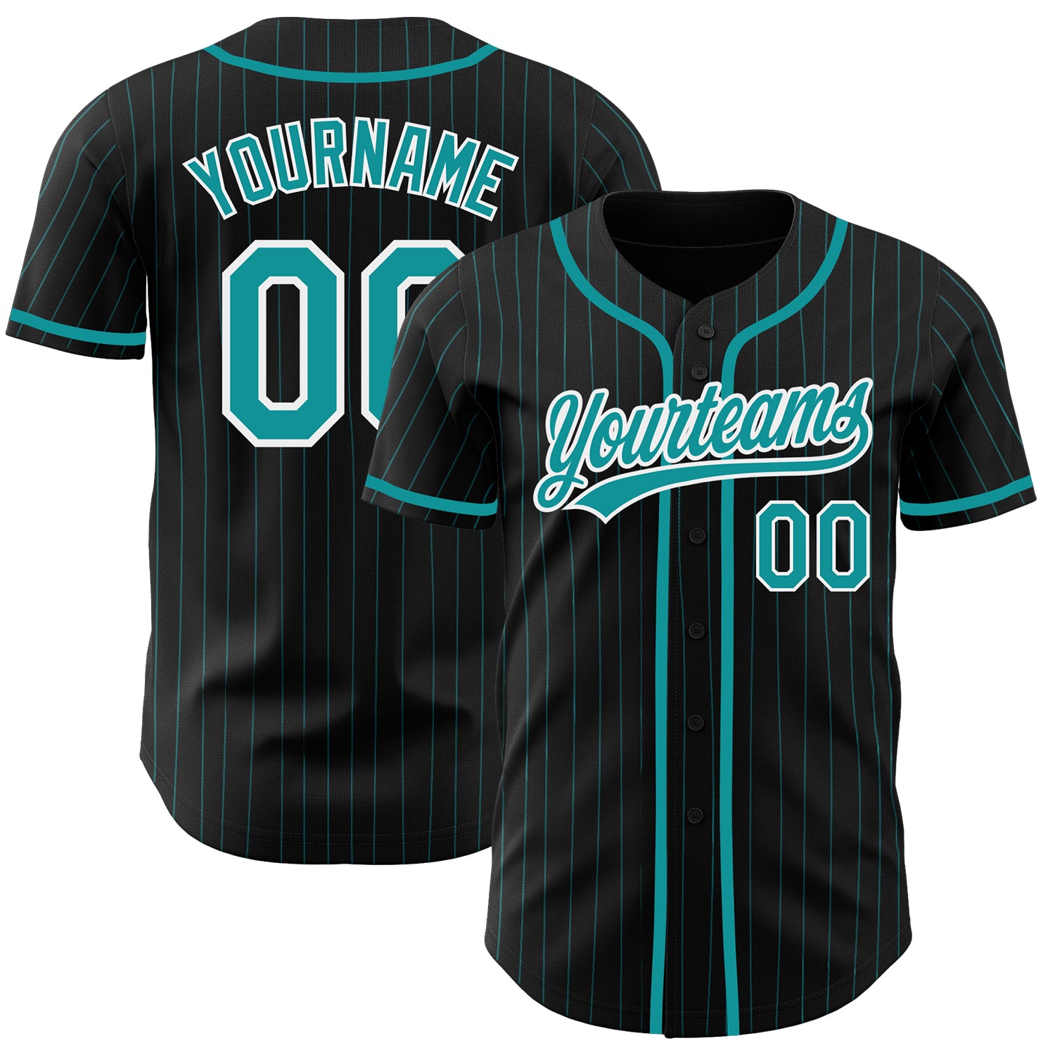 Personalized Authentic Baseball Jersey - Black Teal Pinstripe Teal-White Design Personalized Black Teal Pinstripe Teal-White