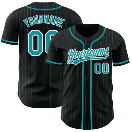 Personalized Black Teal Pinstripe Baseball Jersey for Men and Women Personalized Black Teal Pinstripe Teal-White Baseball