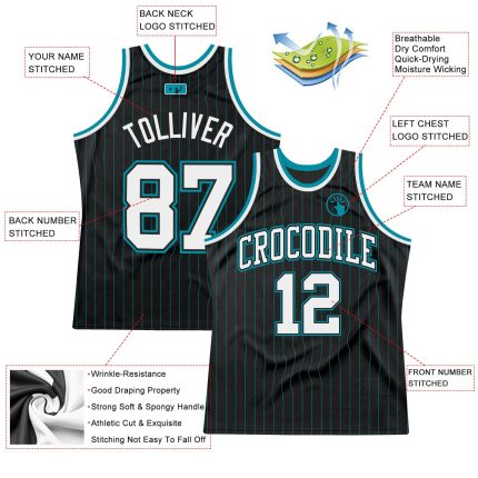 Custom Black Teal Pinstripe Basketball Jersey with Personalized Name & Number - Authentic Team Apparel Personalized Black