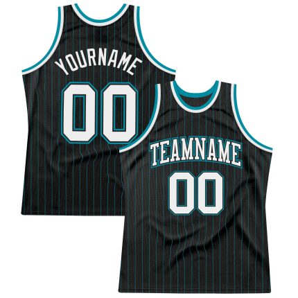 Personalized Black Teal Basketball Jersey - Stylish Pinstripe Design for Fans Personalized Black Teal Pinstripe White Black-Teal