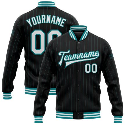 Personalized Pinstripe Bomber Jacket Black Teal Varsity Full-Snap Letterman Coat Personalized Black Teal Pinstripe White