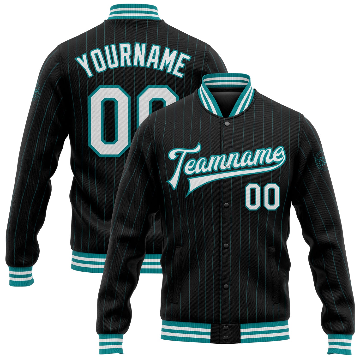 Custom Name Number Varsity Letterman Jacket Black Teal Pinstripe Full-Snap Bomber for Team Personalization Personalized Black