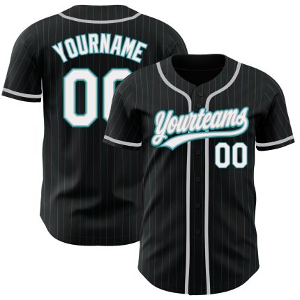 Custom Name and Number Personalized Baseball Jersey | Black Teal Pinstripe White Gray Authentic Personalized Black Teal Pinstripe