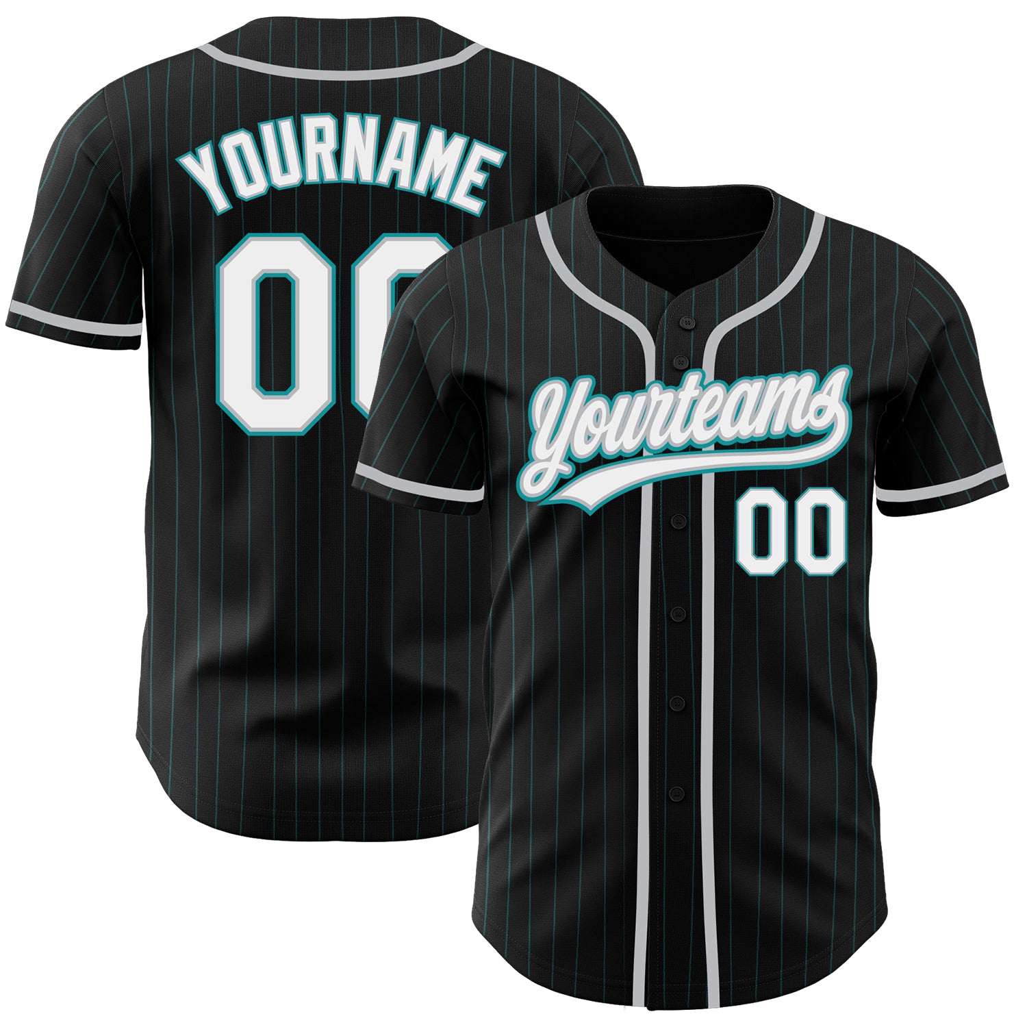 Custom Name and Number Personalized Baseball Jersey | Black Teal Pinstripe White Gray Authentic Personalized Black Teal Pinstripe