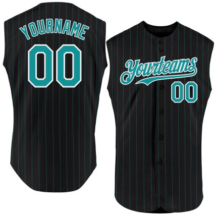 Personalized Teal Pinstripe Black White Sleeveless Baseball Jersey for Men Personalized Black Teal Pinstripe White Sleeveless