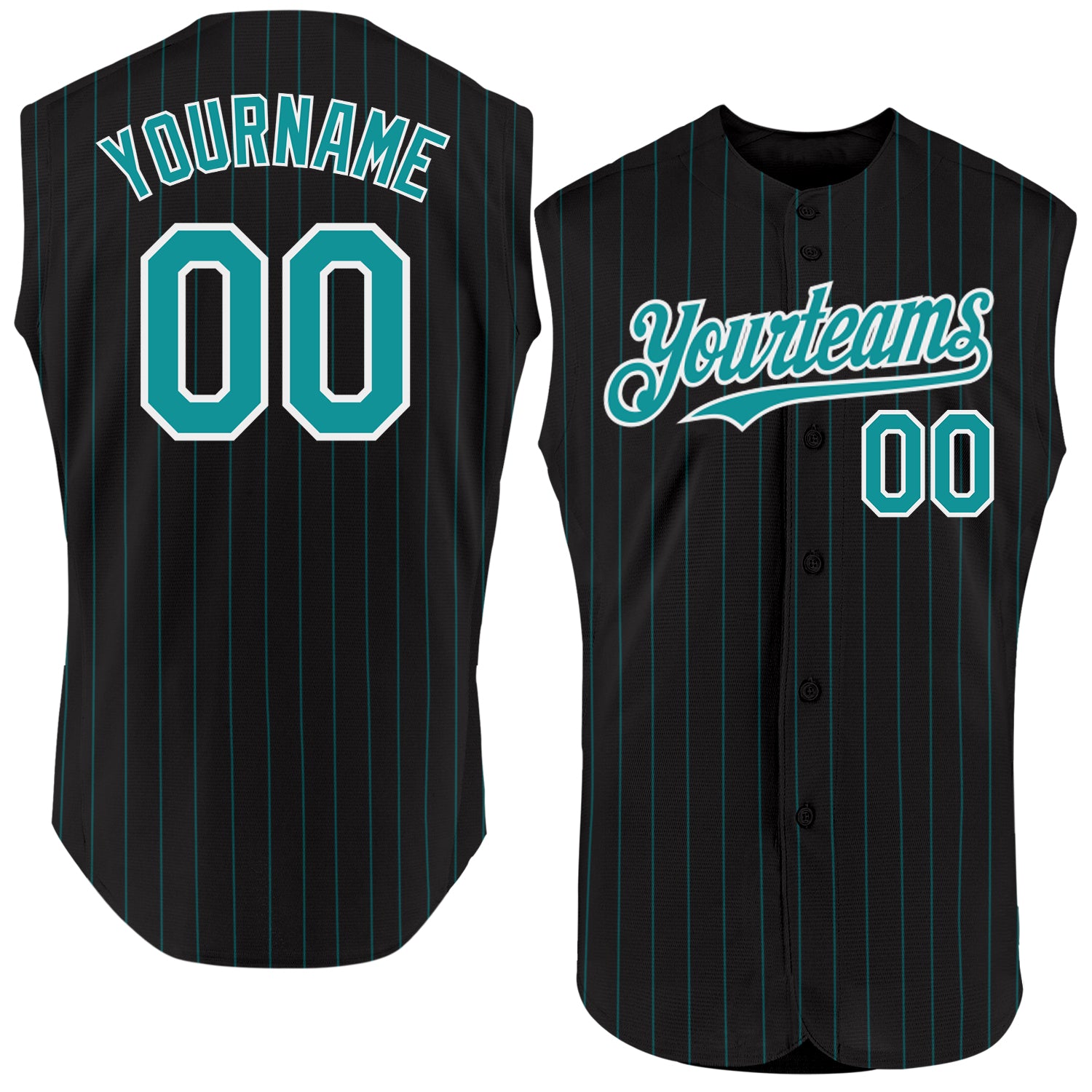 Personalized Teal Pinstripe Black White Sleeveless Baseball Jersey for Men Personalized Black Teal Pinstripe White Sleeveless
