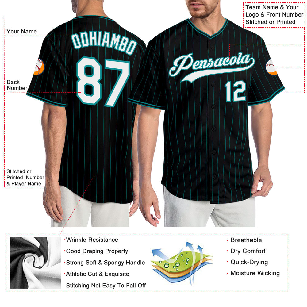 Personalized Teal Black Pinstripe Baseball Jersey for Men and Women Personalized Black Teal Pinstripe White-Teal Baseball - Image 3
