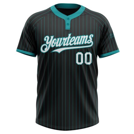 Personalized Unisex Softball Jersey Black Teal Pinstripe Two-Button Design Personalized Black Teal Pinstripe White Two-Button