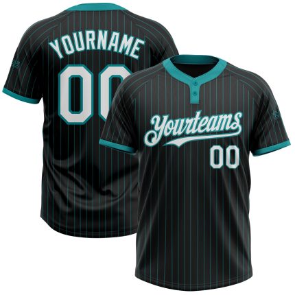 Personalized Unisex Softball Jersey Black Teal Pinstripe Two-Button Design Personalized Black Teal Pinstripe White Two-Button