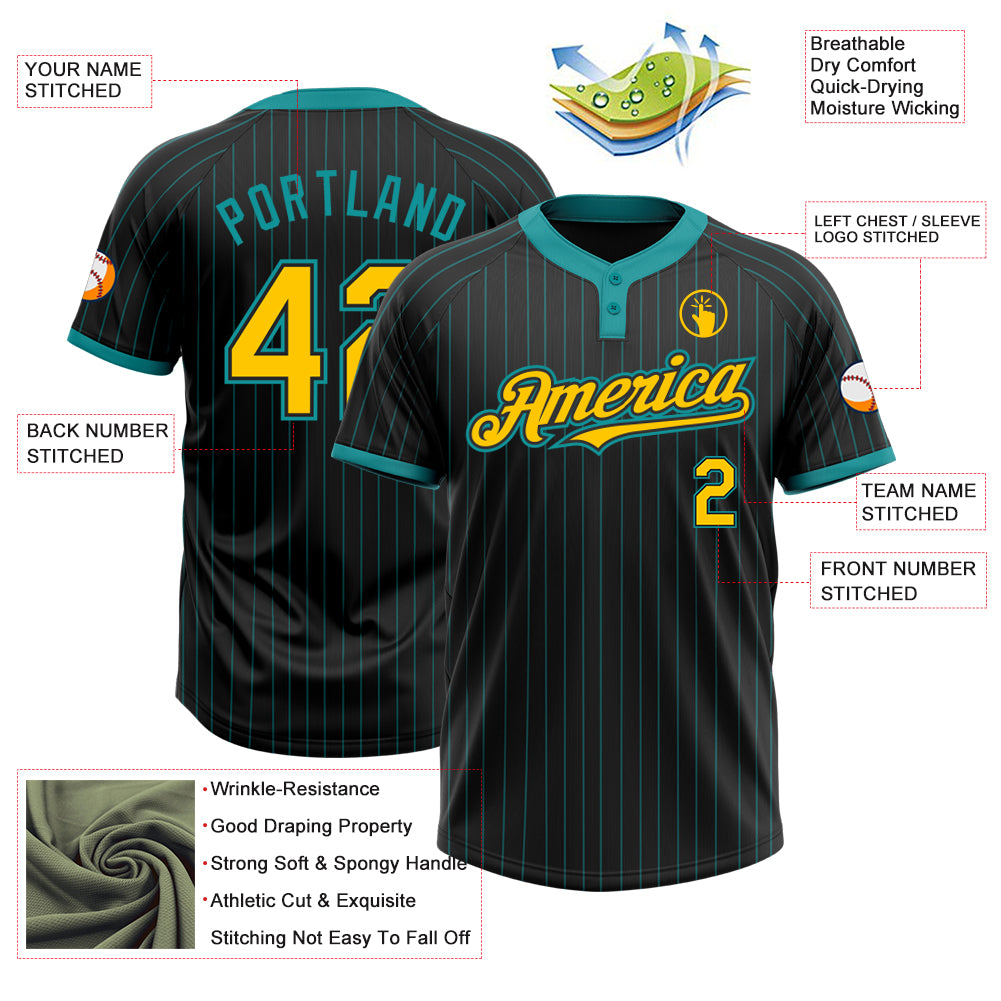 Personalized Black Teal Pinstripe Yellow Two-Button Unisex Softball Jersey Personalized Unisex Softball Jersey - Black Teal Pinstripe Yellow Two-Button Personalized Black Teal Pinstripe Yellow Two-Button - Image 3