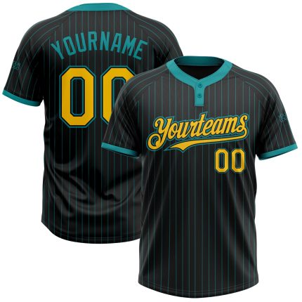 Personalized Unisex Softball Jersey - Black Teal Pinstripe Yellow Two-Button Personalized Black Teal Pinstripe Yellow Two-Button