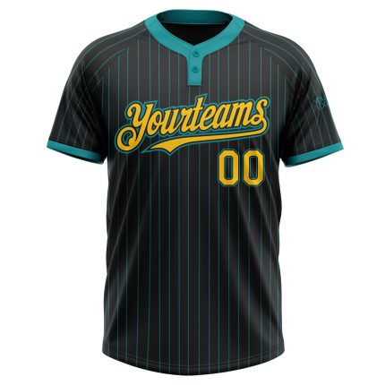 Personalized Unisex Softball Jersey - Black Teal Pinstripe Yellow Two-Button Personalized Black Teal Pinstripe Yellow Two-Button