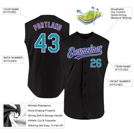 Custom Name and Number Baseball Jersey - Personalized Black Teal-Purple Sleeveless Authentic Team Apparel Personalized Black