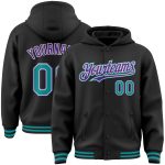 Custom Team Name Number Black Teal Purple Bomber Full-Snap Varsity Hoodie Jacket Personalized Black Teal-Purple Bomber Full-Snap