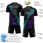 Custom Soccer Uniform Jersey with Personalized Name and Number - Black Teal-Purple Dripping Splatter Art Design Personalized
