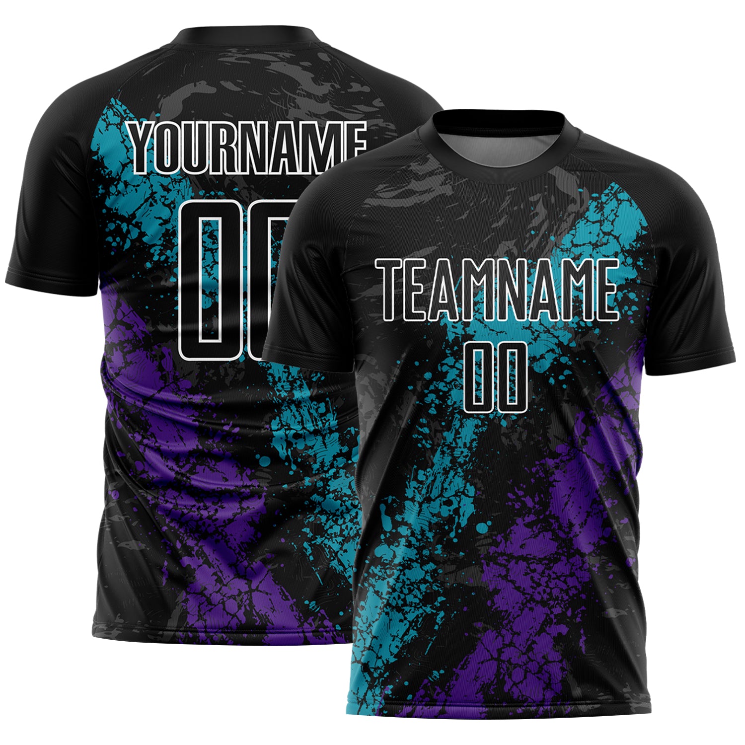 Custom Soccer Uniform Jersey with Personalized Name and Number - Black Teal-Purple Dripping Splatter Art Design Personalized
