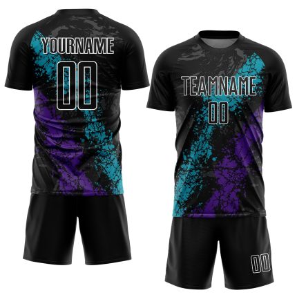 Custom Soccer Uniform Jersey with Personalized Name and Number - Black Teal-Purple Dripping Splatter Art Design Personalized