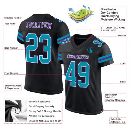 Custom Name Number Personalized Football Jersey - Black Teal-Purple Mesh Authentic Team Sport Apparel Personalized Black