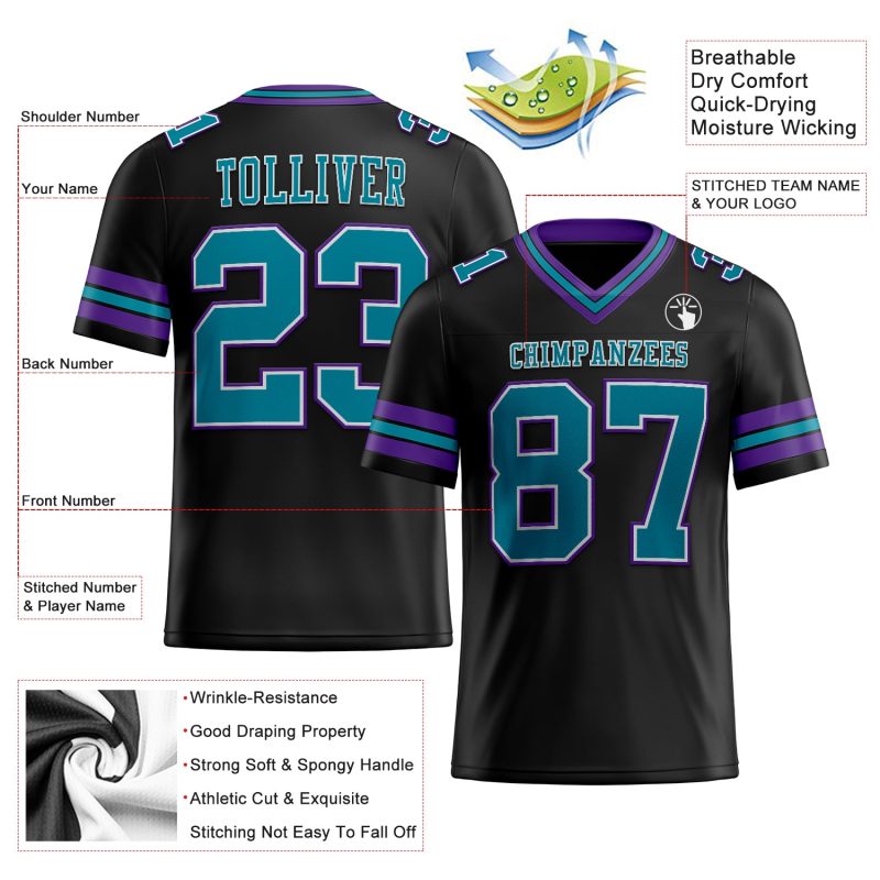 Personalized Football Jersey Black Teal Purple Mesh - Customizable Size 2 Personalized Black Teal-Purple Mesh Football Jersey