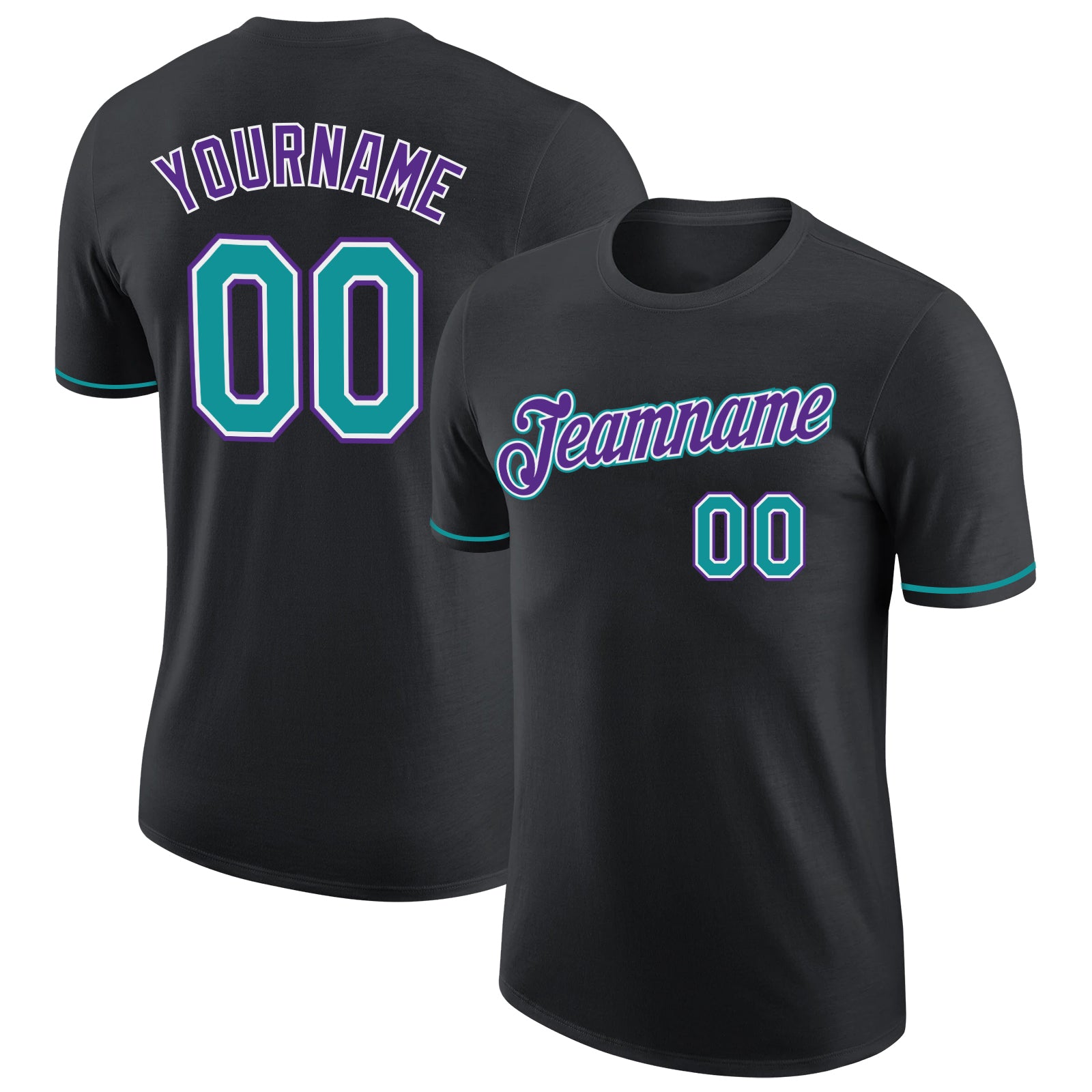 Custom Name and Number Performance T-Shirt - Personalized Black Teal-Purple Team Apparel Personalized Black Teal-Purple Performance