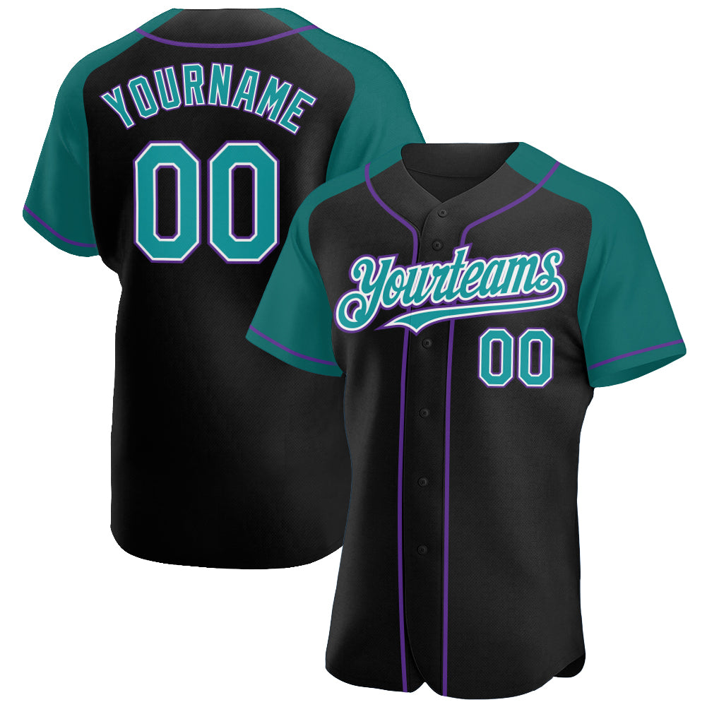 Personalized Black Teal Purple Baseball Jersey with Raglan Sleeves for Men and Women Personalized Black Teal-Purple Raglan