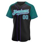 Personalized Black Teal Purple Baseball Jersey with Raglan Sleeves for Men and Women Personalized Black Teal-Purple Raglan